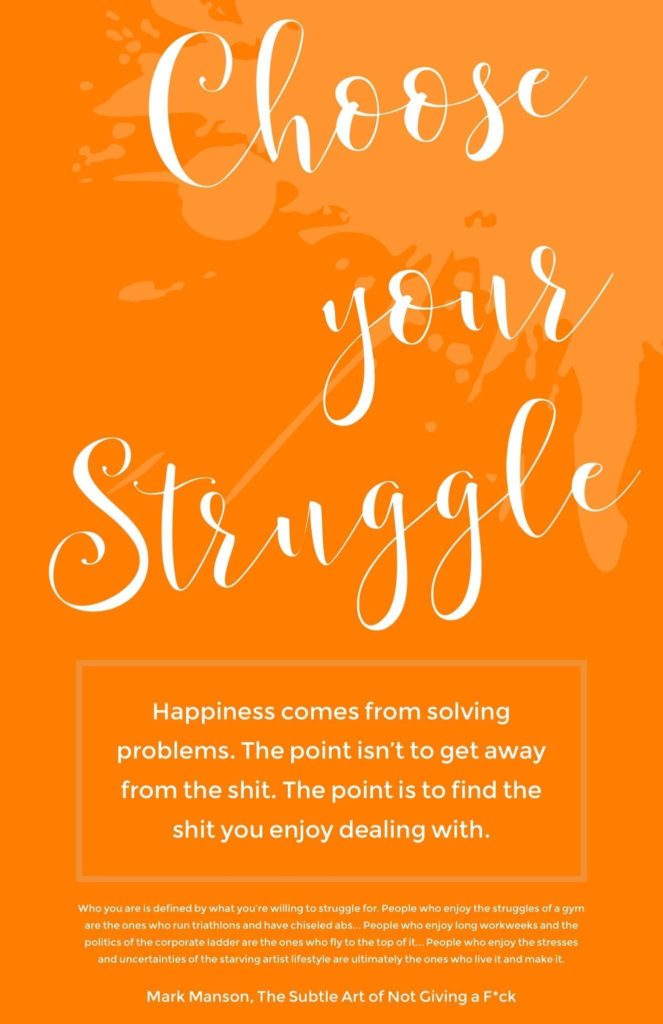Choose your struggle: Happiness comes from solving problems. The point isn't to get away from the shit. The point is to find the shit you enjoy dealing with. (Mark Manson)