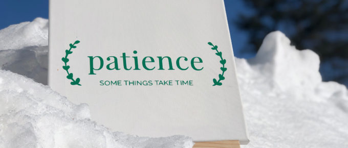 Canvas sign in the snow that says: Patience - some things take time